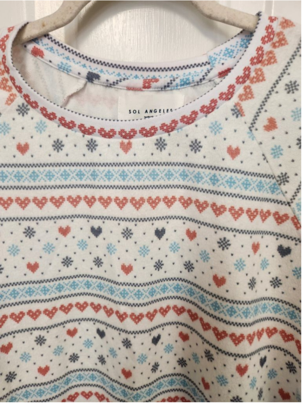 SOL ANGELES White Red Blue Heart Print Crew Neck Sweater - Picture 2 of 9